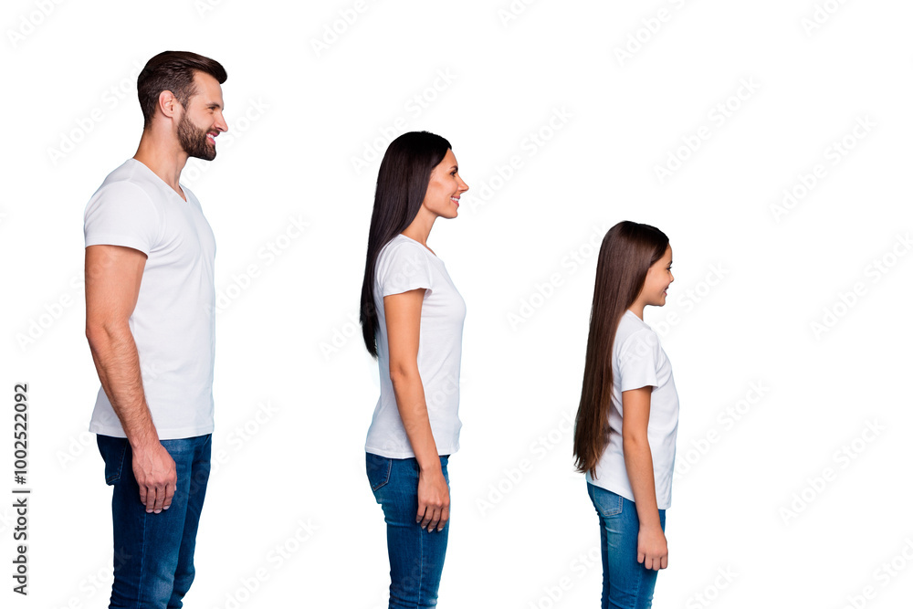 Fototapeta premium Profile side photo of charming people standing isolated wearing white t-shirt denim jeans over blue background