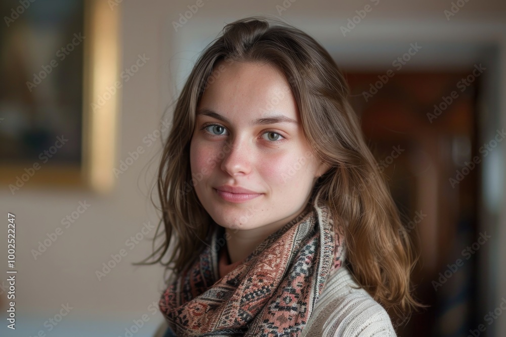 Portrait of a young woman with a cozy scarf indoors AI Portrait of a young woman with a cozy scarf indoors AI