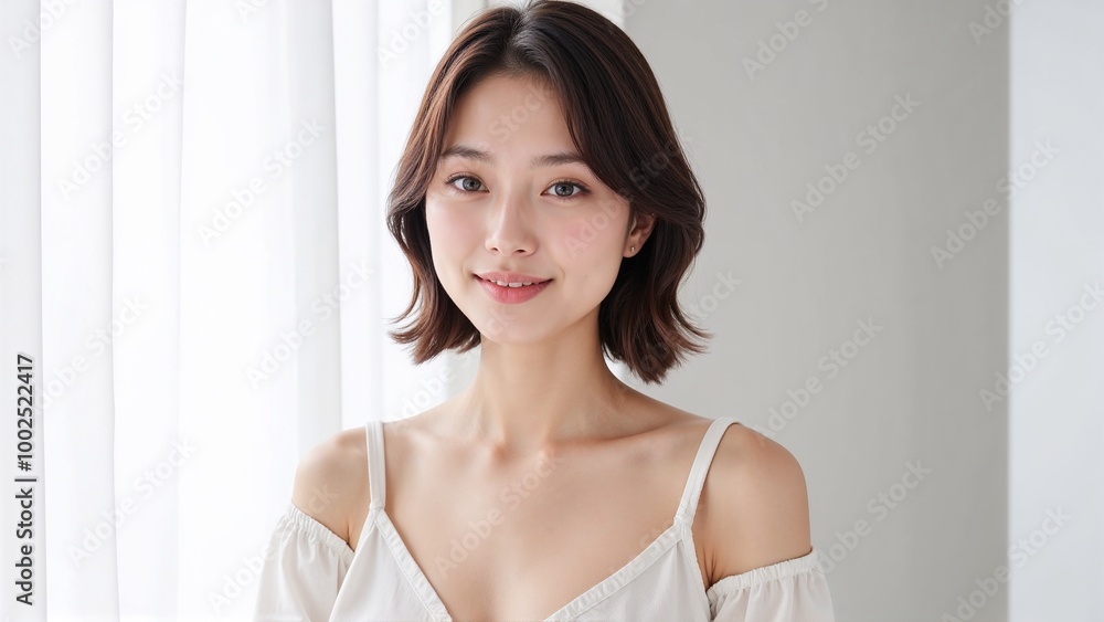 Beautiful young Chinese woman with short hair and a gentle smile in a bright indoor setting - concept Beautiful young Chinese woman with short hair and a gentle smile in a bright indoor setting - concept