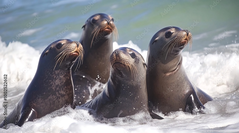 Fototapeta premium Four sea lions emerge from the surf, looking alert and curious.
