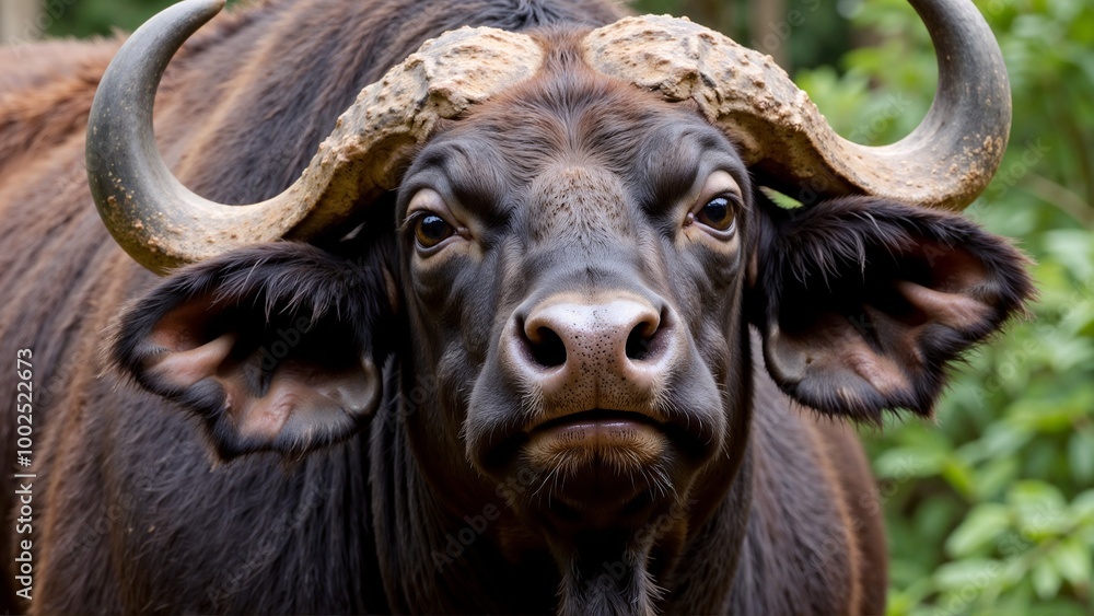 Close-up of an Indian buffalo with large horns against a natural background - concept Close-up of an Indian buffalo with large horns against a natural background - concept