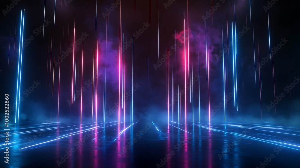 Vibrant neon light beams create a stunning visual effect against a dark background, evoking a futuristic atmosphere. Vibrant neon light beams create a stunning visual effect against a dark background, evoking a futuristic atmosphere.