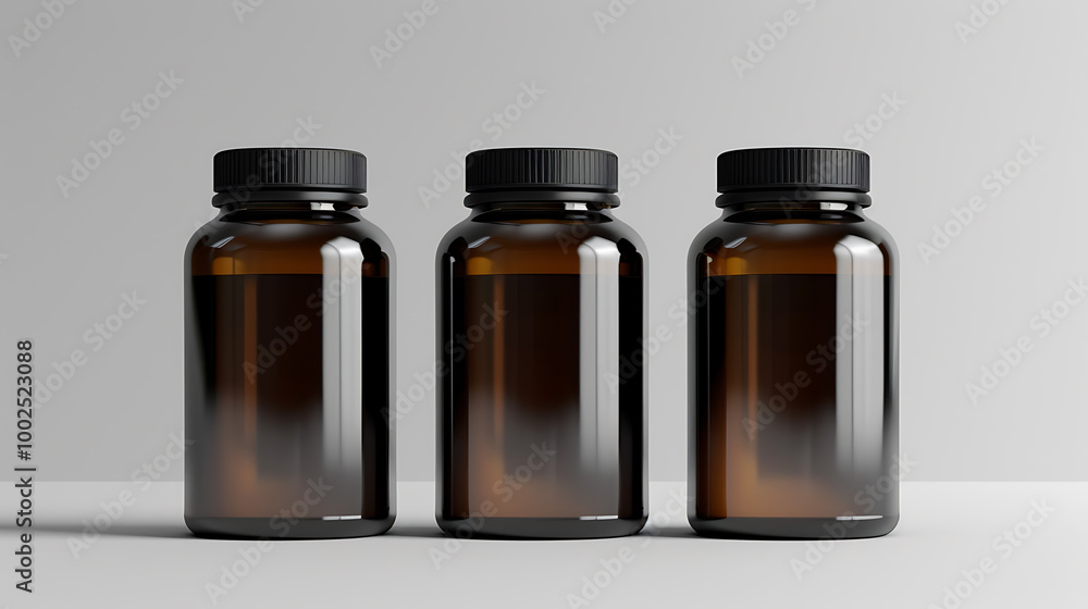 Three amber glass bottles with black lids are arranged in a row on a white background, ready for your product label design. Three amber glass bottles with black lids are arranged in a row on a white background, ready for your product label design.