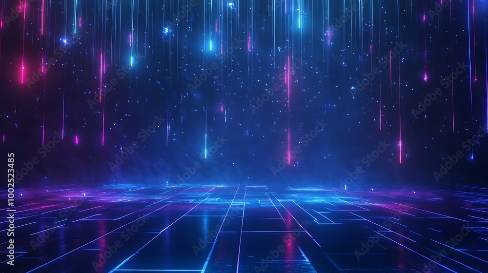 Vibrant neon light streaks in a digital space, creating a futuristic atmosphere with glowing floor tiles. Vibrant neon light streaks in a digital space, creating a futuristic atmosphere with glowing floor tiles.