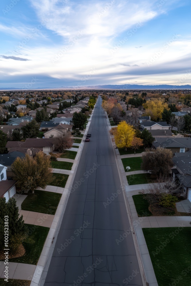 a long empty road with houses on both sides