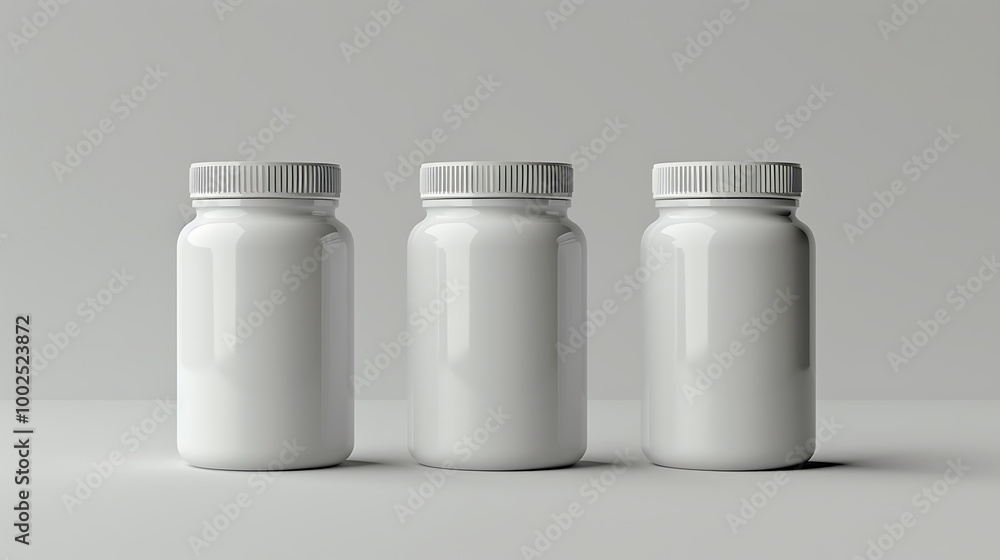 Three white pill bottles on a gray background. Three white pill bottles on a gray background.