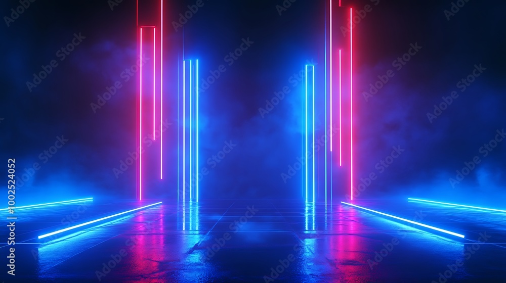Vibrant neon lights create a dynamic atmosphere with smokey backdrop and reflections on the ground. Vibrant neon lights create a dynamic atmosphere with smokey backdrop and reflections on the ground.