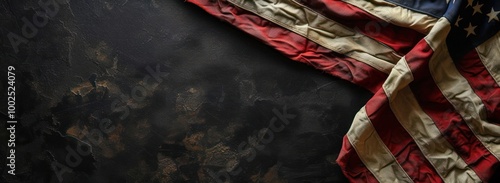 America United States Flag old dirty torn damaged On Black abstract concrete background and copy space