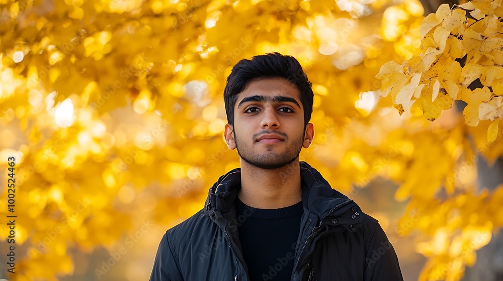 A portrait of a South Asian man with dark hair standing against a backdrop of golden autumn leaves. A portrait of a South Asian man with dark hair standing against a backdrop of golden autumn leaves.