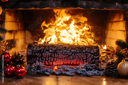 Large yule log burning brightly in a brick fireplace decorated for christmas