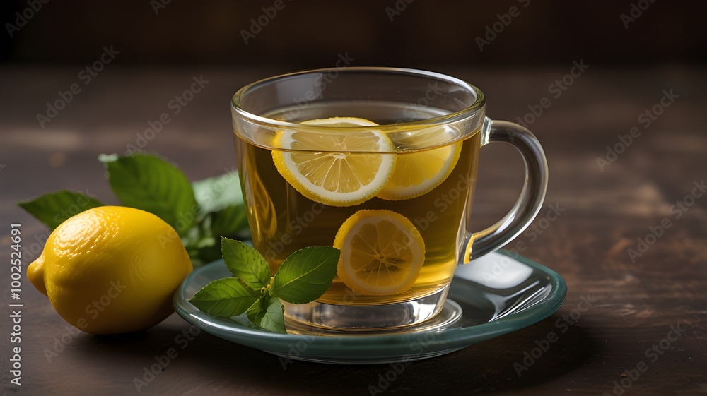 Freshly brewed herbal tea with lemon Freshly brewed herbal tea with lemon