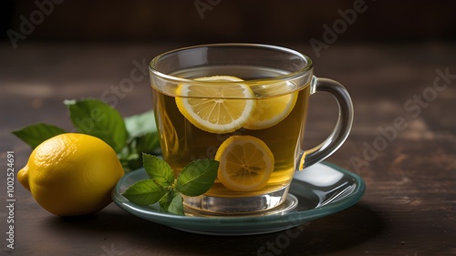 Freshly brewed herbal tea with lemon