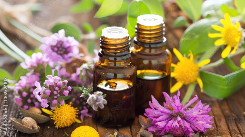 brown small bottle spa essential oils and medical flowers her on wood table brown small bottle spa essential oils and medical flowers her on wood table