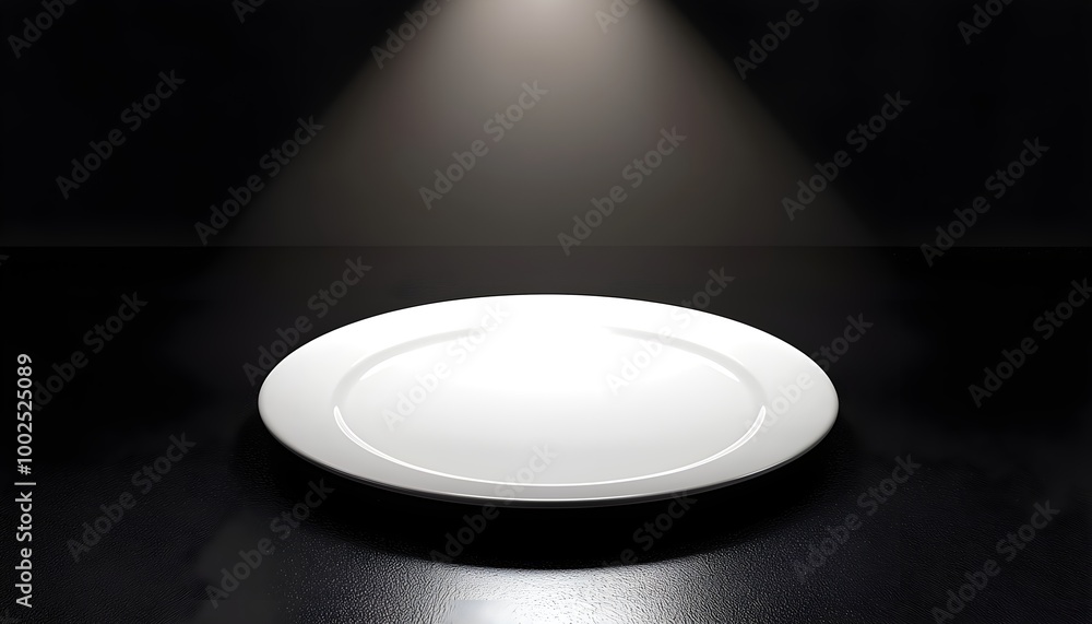 A blank plate on a black background, illuminated by dramatic overhead lighting A blank plate on a black background, illuminated by dramatic overhead lighting