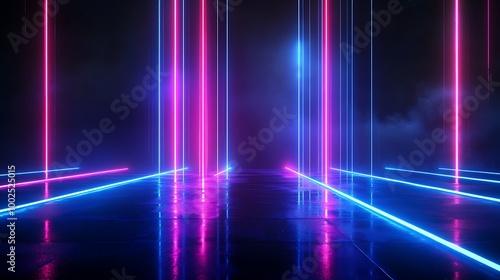 Vibrant neon lights creating a futuristic ambiance with reflections in a dark space.