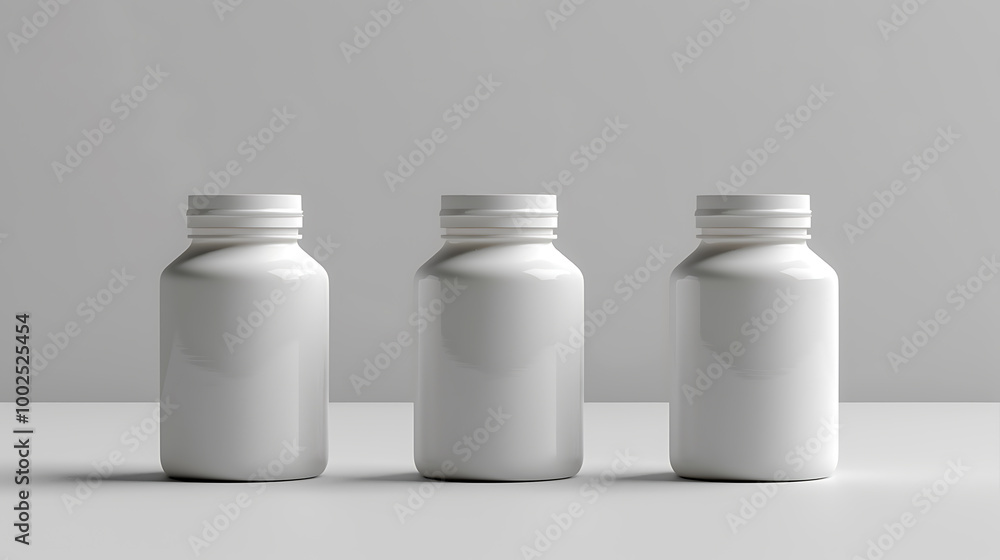 Three white pill bottles stand in a row on a white surface with a light gray background. Three white pill bottles stand in a row on a white surface with a light gray background.