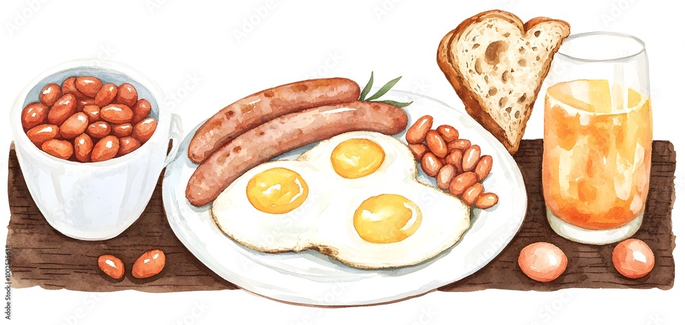 A hearty breakfast plate with fried eggs, sausages, baked beans, and toast on a rustic wooden table A hearty breakfast plate with fried eggs, sausages, baked beans, and toast on a rustic wooden table
