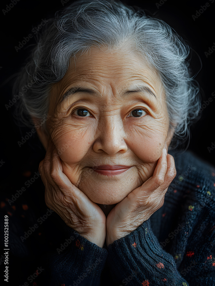 Close-up of an elderly Korean woman with a kind smile, soft and peaceful expression, warm lighting accentuating her features, dark solid color background Close-up of an elderly Korean woman with a kind smile, soft and peaceful expression, warm lighting accentuating her features, dark solid color background