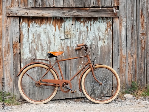 Antique Bicycle with Leather Saddle Beside Weathered Barn