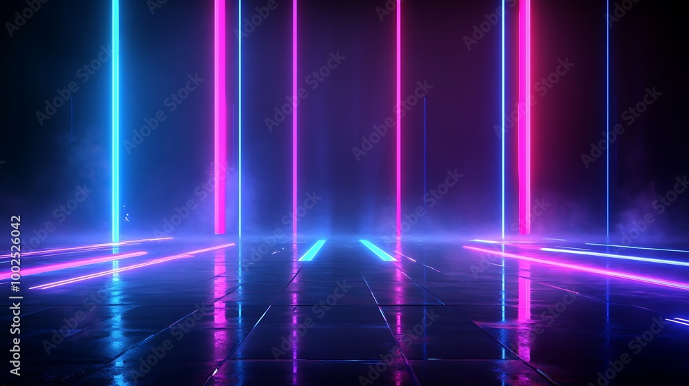 Vibrant neon lights in blue and pink illuminating a dark space with reflections on the floor. Vibrant neon lights in blue and pink illuminating a dark space with reflections on the floor.