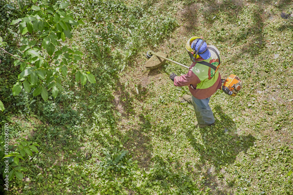 The lawnmower operator in overalls and a helmet trims the thick grass on the lawn. The lawnmower operator in overalls and a helmet trims the thick grass on the lawn.