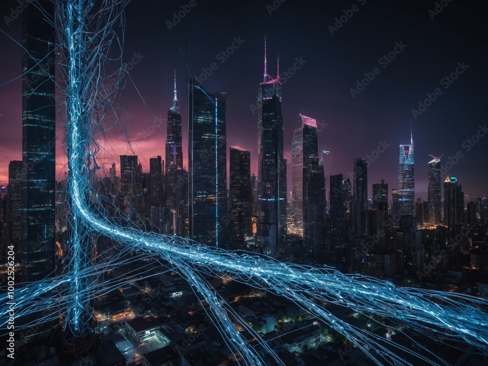 Fototapeta premium Futuristic cityscape with towering skyscrapers and glowing neon lights, set against dark night sky with swirling energy field or data stream in foreground