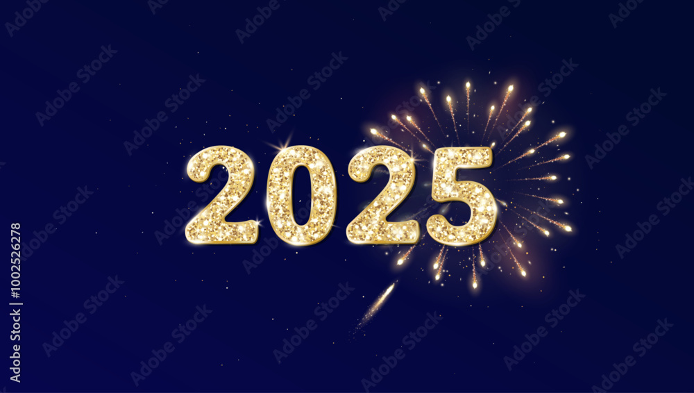 Happy New Year background. 2025 golden glitter numbers. Night sky with shiny fireworks explosion. Holiday decoration. For calendars, party posters, Christmas season campaigns and social media. Vector. Happy New Year background. 2025 golden glitter numbers. Night sky with shiny fireworks explosion. Holiday decoration. For calendars, party posters, Christmas season campaigns and social media. Vector.