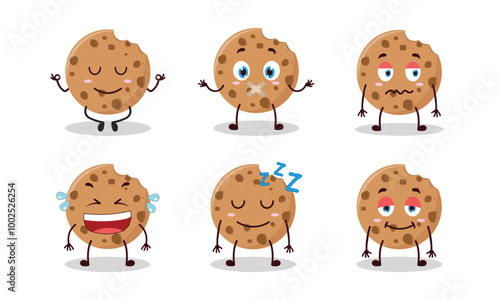 funny bite cookies cartoon with various expressions vector illustration