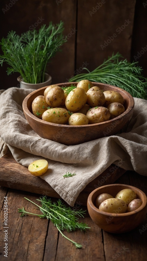 Wooden bowl filled with freshly harvested potatoes, some whole and some cut in half, surrounded by fresh dill sprigs on linen cloth Wooden bowl filled with freshly harvested potatoes, some whole and some cut in half, surrounded by fresh dill sprigs on linen cloth