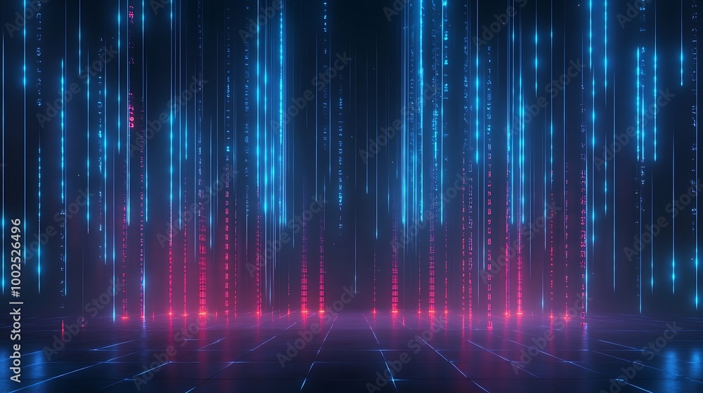 Vibrant neon lights with vertical streams on a dark background, ideal for futuristic themes. Vibrant neon lights with vertical streams on a dark background, ideal for futuristic themes.