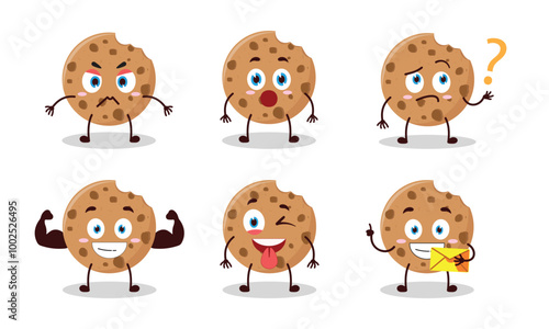 funny bite cookies cartoon with different expressions character vector illustration