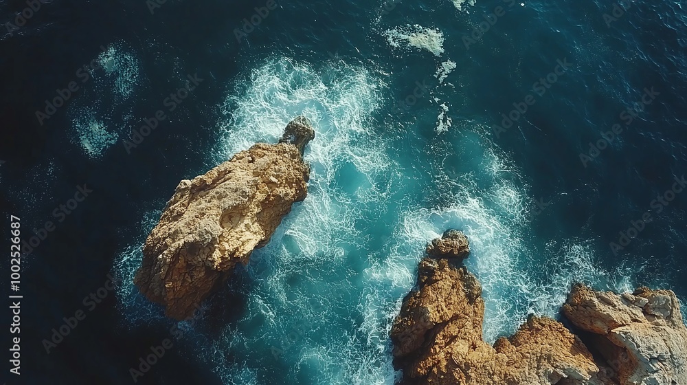 Naklejka premium stunning aerial perspective of the ocean and rocks, offering a peaceful view of the coastline and clear blue waters, perfect for showcasing marine and natural landscapes