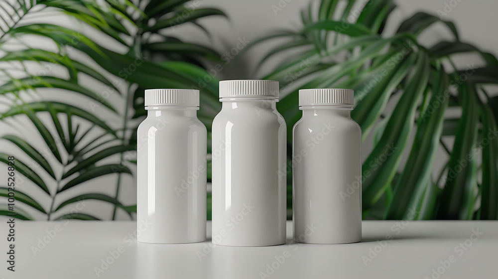 Three white bottles with lids sit on a white surface with leafy green plants in the background. Three white bottles with lids sit on a white surface with leafy green plants in the background.