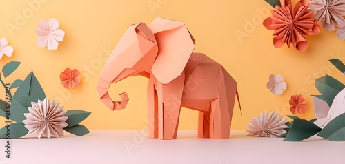 Detailed origami elephant with elaborate folds, sitting cutely on a pastel background, surrounded by origami flowers and swirling patterns, warm and charming photo