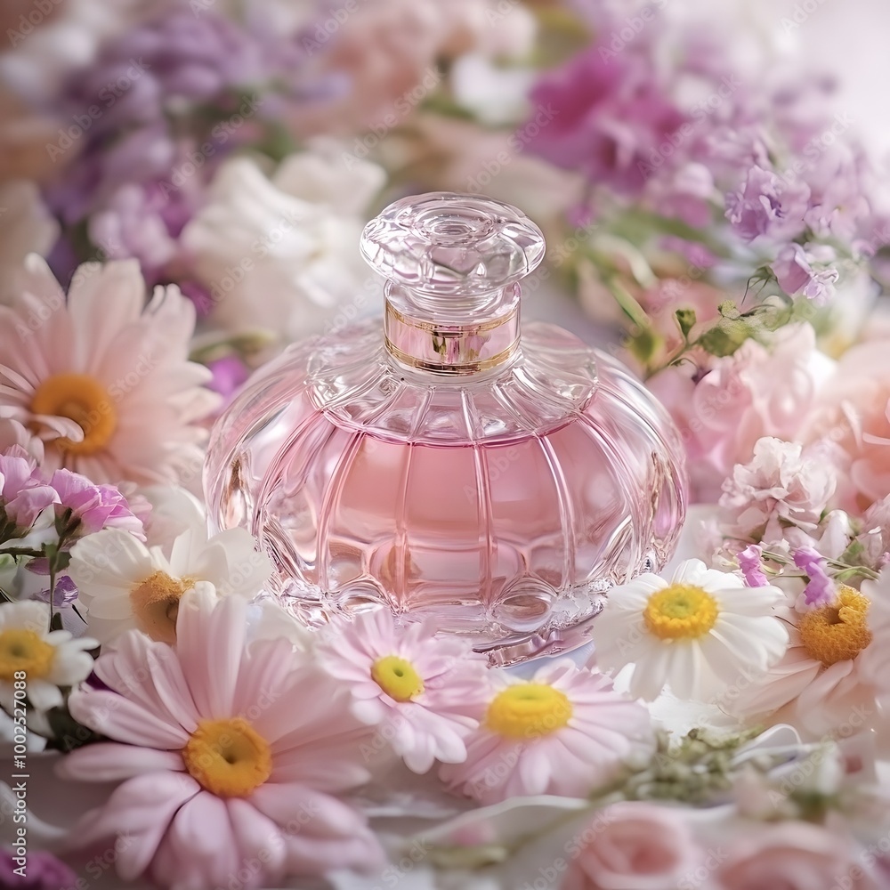 A beautifully designed glass perfume bottle encircled by soft floral arrangements, reflecting the elegance of fragrance. A beautifully designed glass perfume bottle encircled by soft floral arrangements, reflecting the elegance of fragrance.