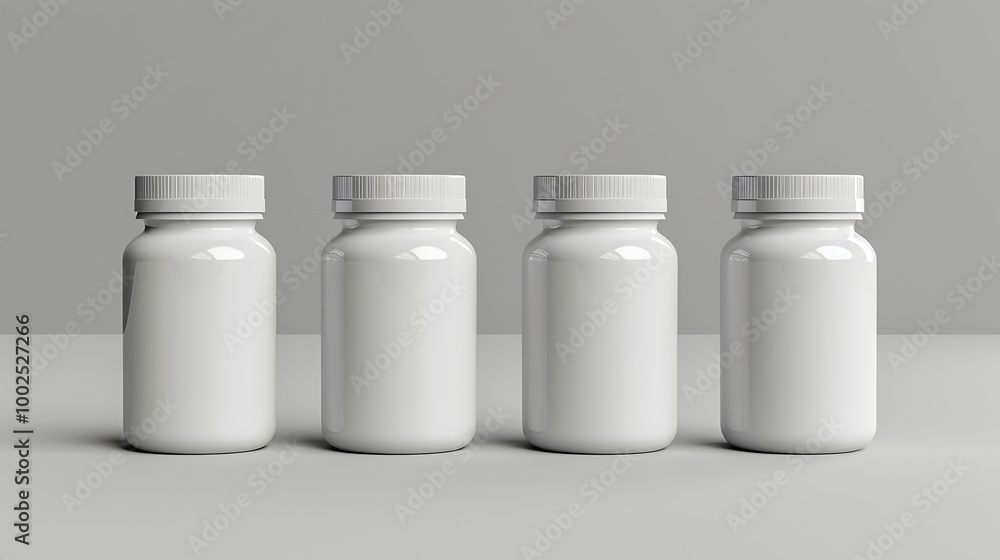 Four white pill bottles sit in a row on a gray surface. The bottles are blank and ready for your design. Four white pill bottles sit in a row on a gray surface. The bottles are blank and ready for your design.