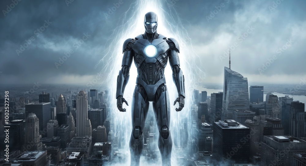 A gigantic steel figure shrouded in a chilling white light standing over a bustling metropolis A gigantic steel figure shrouded in a chilling white light standing over a bustling metropolis