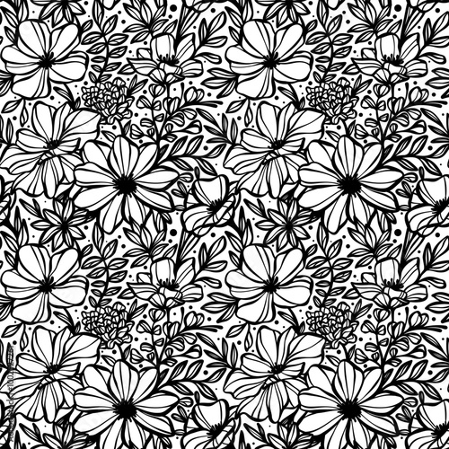 Flower pattern, black and white seamless repeating hand drawn vintage flower print, floral wallpaper design