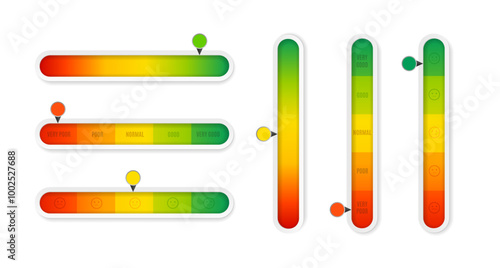 Realistic Detailed 3d Color Vertical and Horizontal Level Indicator Set from Poor to Good for Interface. Vector illustration