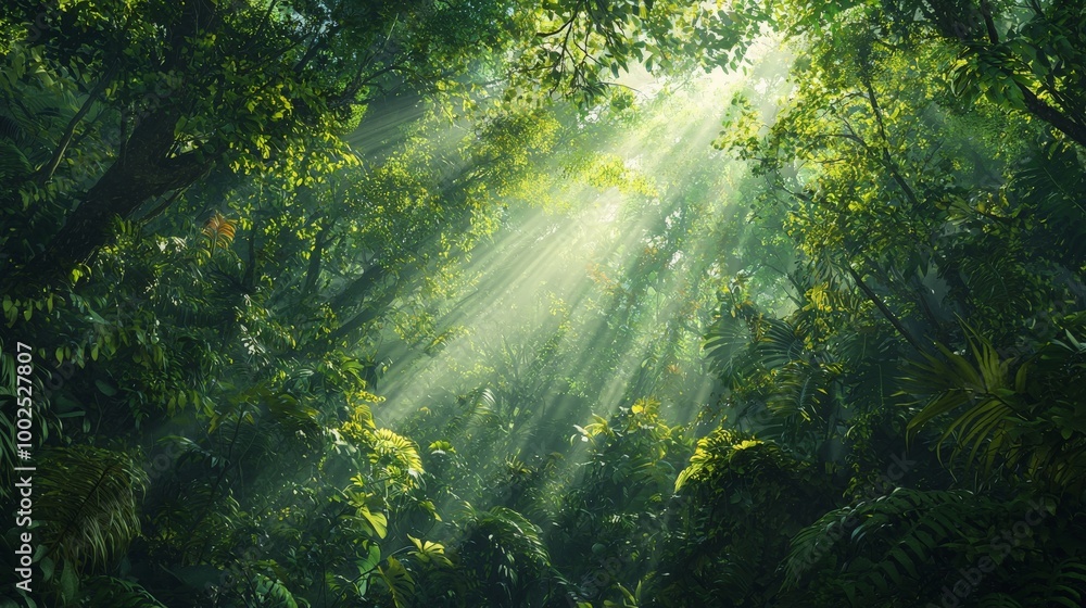 Obraz premium Sunlight Shining Through Dense Jungle Canopy