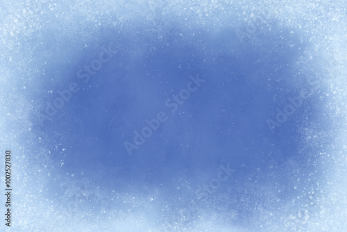 Christmas blue snowy frame background. Blue frosty winter frozen ice frame backdrop