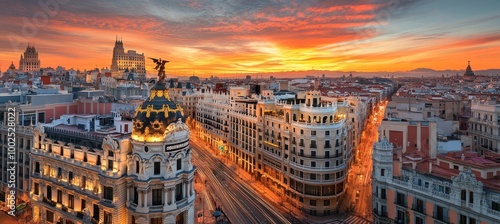 Wallpaper Mural Spanish Sunset, Madrid Cityscape at Golden Hour, Breathtaking City View, European Architecture Torontodigital.ca