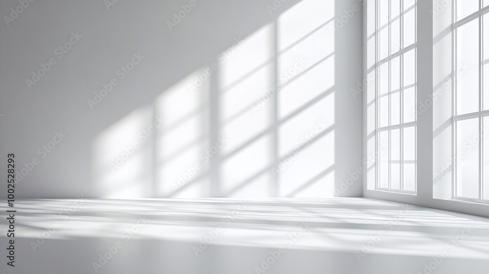 Fototapeta premium minimalist abstract background with shadow overlay and natural light filtering through windows, ideal for creating a modern, elegant product presentation environment