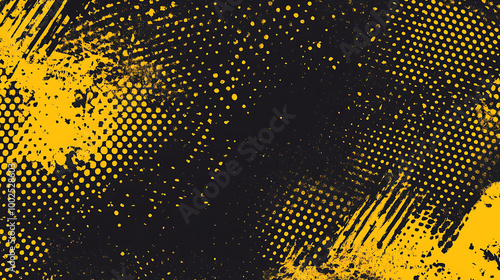 Abstract background with yellow grunge texture and halftone dots on black.