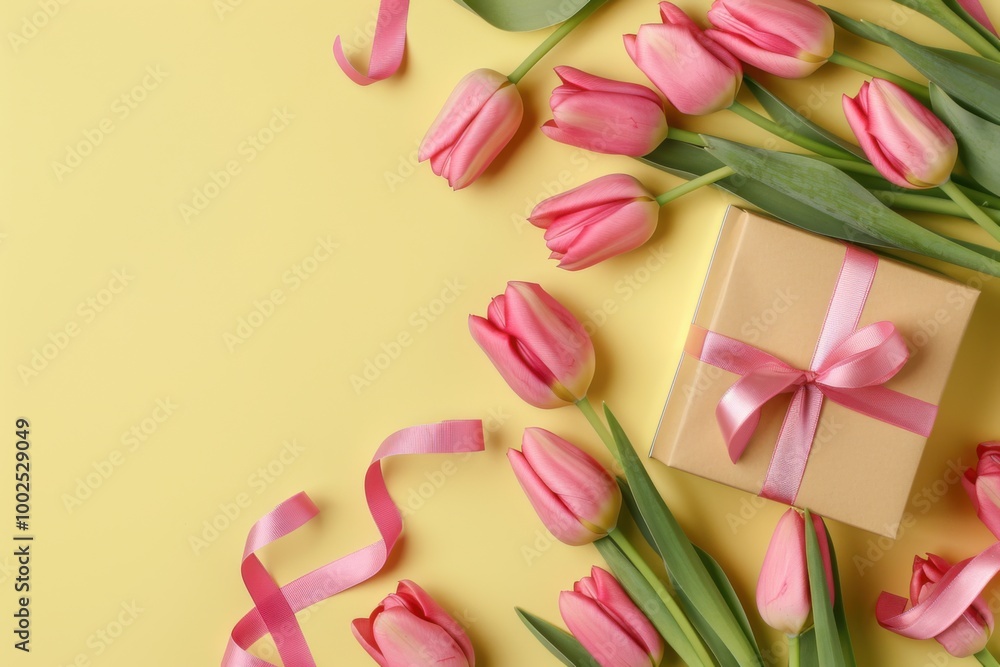Pink Tulips and Gift Box with Ribbon on Yellow Background: Elegant Floral Arrangement for Spring Celebrations and Special Occasions Pink Tulips and Gift Box with Ribbon on Yellow Background: Elegant Floral Arrangement for Spring Celebrations and Special Occasions