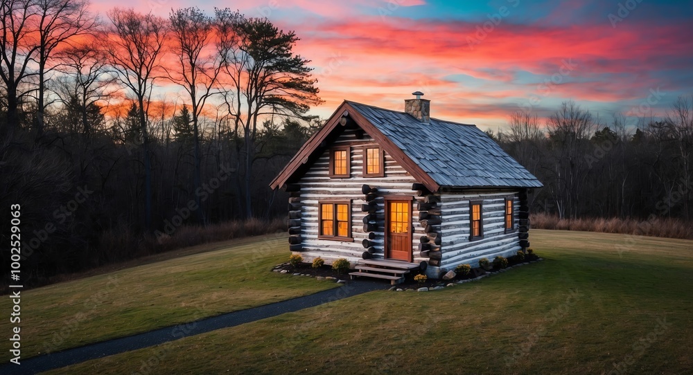 Aerial shot of a quaint log cabin set against a colorful sunset with silhouetted trees Aerial shot of a quaint log cabin set against a colorful sunset with silhouetted trees