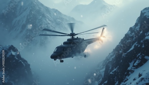 A helicopter flies through a narrow snowy mountain pass, navigating rugged terrain and harsh weather conditions. The scene captures adventure, danger, and precision in a high-altitude rescue mission.