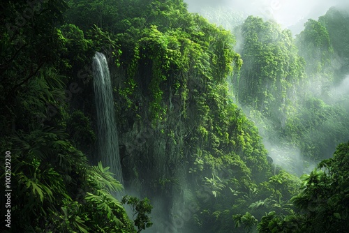 Lush Jungle with Cliffside Waterfall and Dense Foliage