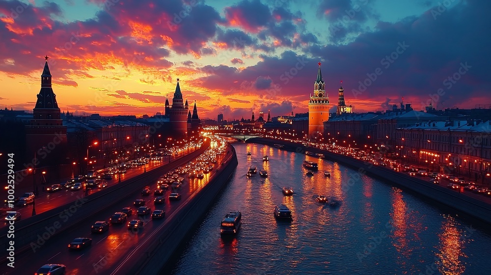 Obraz premium dynamic skyline at dusk with the river and traffic, presenting a beautiful cityscape of vibrant city lights, bustling streets, and the peaceful flow of the river in the evening
