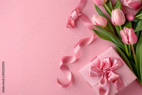 Pink Tulip Bouquet and Gift Box with Ribbon: Elegant Floral Arrangement for Spring Celebrations and Special Occasions